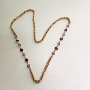 Vintage Gold Tone Purple Bead And Stone Station Neclace 28"